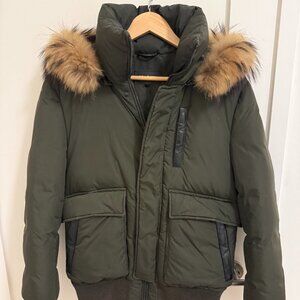 Mackage Olive Green Puffer Jacket with Fur Hood and Leather Details